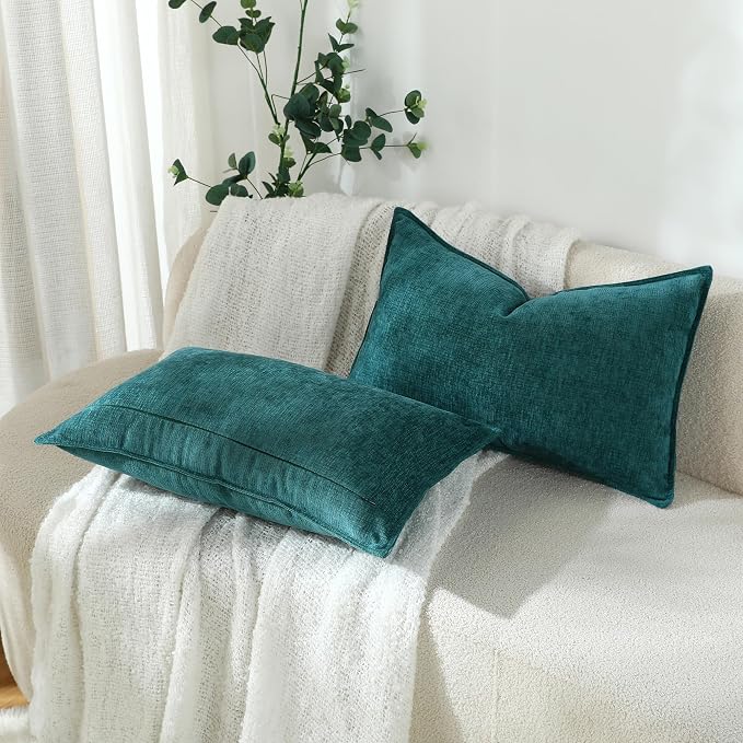 Stellhome Lumbar Chenille Throw Pillow Covers Set of 2 Super Soft Textured Decorative Pillow Covers Accent Solid Cushion Cover for Couch Sofa Bedroom Living Room 12x20 Inch, Teal