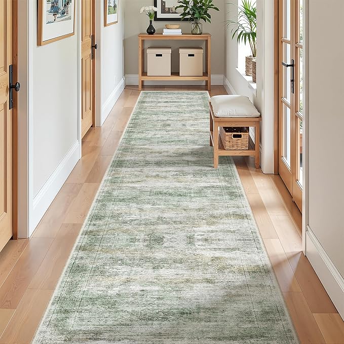 2x12 Runner Rug Non Slip,Washable Hallway Runner Rug,Green | Long Neutral Rugs for Kitchen,Entryway,Bedroom,Bathroom,Laundry Room,Thin,Soft Runner Rug,Stain Resistant Indoor Carpet