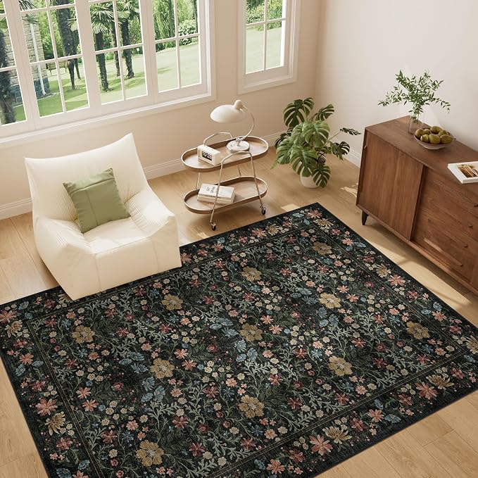 DUKINO 5x7 Area Rugs, Vintage Floral Washable Rug for Living Room, Black | Non Slip, Low Pile, Soft, Lightweight, Boho Indoor Carpet for Bedroom, Office, Dining Room, Dorm Room, Farmhouse, Home Decor