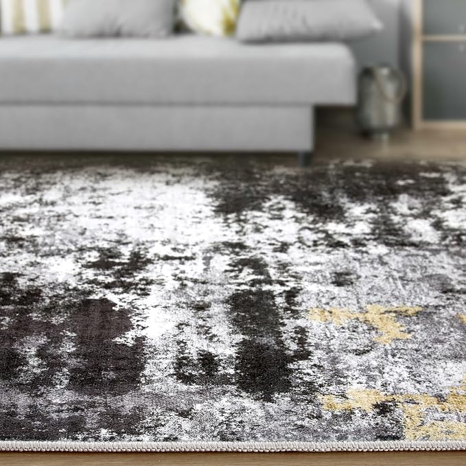 Abstract 8FT Round Rug: Machine Washable Non Slip Ultra Thin Low-Pile Carpet, Soft Stain Resistant for Living Dining Room Bedroom, Kid Pet Friendly, Robot Vacuum Compatible - Black Gold