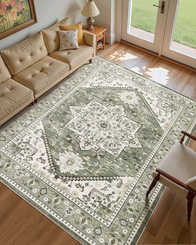 8x10 Vintage Area Rug: Washable Neutral Soft Non Slip Thin Large Floor Carpet for Living Room Bedroom Kitchen Dining Room Home Office Farmhouse Indoor - Green