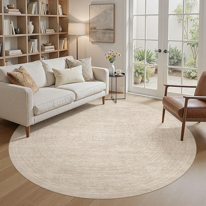 8ft Round Rug Living Room: Washable Large Vintage Neutral Area Rug Non-Slip Soft Stain Resistant Indoor Carpet for Bedroom Nursery Dining Room Under Table Bed Home House Office Playroom - Beige