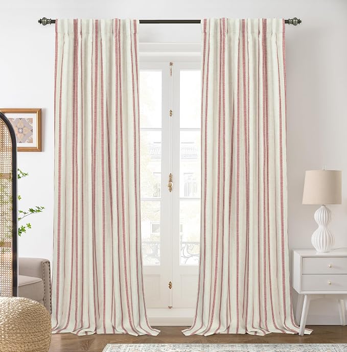 DriftAway Farmhouse Stripe Blackout Curtains, W52xL84, Red | Blackout, Linen Texture, Stripe Pattern, Rod Pocket & Back Tab, Two Layers, Bedroom Living Room Use, Sound Reducing Design