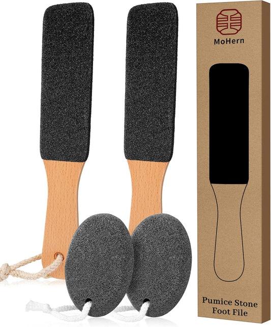 Pumice Stone Foot File, 4pcs Set Callus Remover for Feet with Wooden Handle, Pedicure Foot Scrubber to Remove Dead Skin, Dry, Rough, Corns Skin Scraper