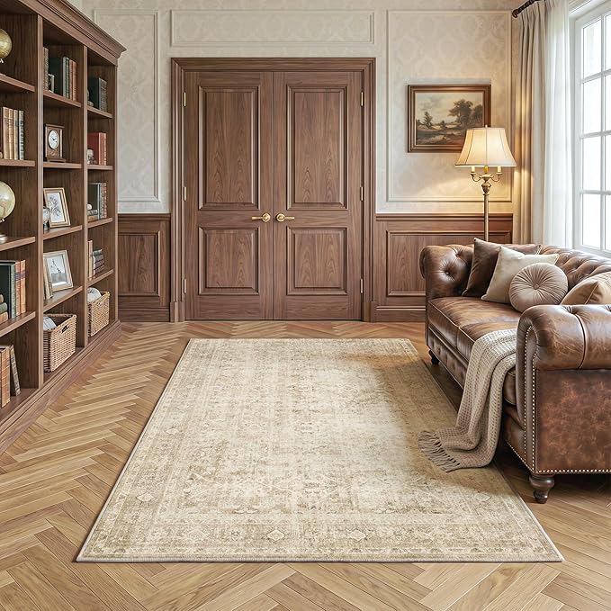 FMFUNCTEX 3x5 Washable Area Rug Beige Neutral Vintage Distressed Oriental Non Slip Low Pile Traditional Retro Indoor Carpet for Entryway Entrance Soft Rug Living Room Bedroom Kitchen Office Laundry