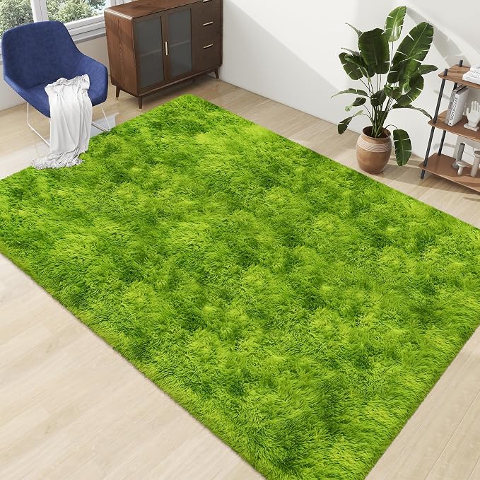 Tie Dyed Grass Green Shag Rug 5x8, Soft Plush Green Fluffy Rug Large Fuzzy Area Carpet for Living Room Bedroom Dorm Nursery Furry Indoor Floor Rug for Kids Girls Boys Home Decor Aesthetic