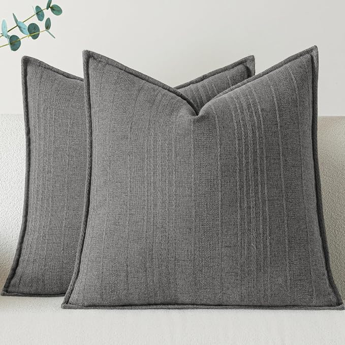 a moment Linen Pillow Covers Set of 2,Boho Farmhouse Throw Pillowcases Neutral Textured Decorative Covers for Couch Sofa,Soft Linen Blend Accent Case Cushion Living Room Home Decor 26"x26"Rustic Gray