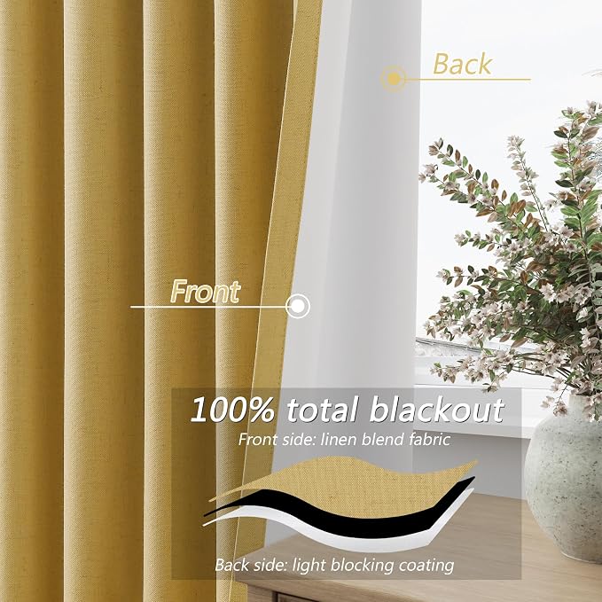 Guken 100% Blackout Curtains 96 Inch Length 2 Panels Set for Living Room Bedroom Back Tab Thermal Insulated Black Out Linen Drapes Room Darkening Window Curtains 96 Inches Long,Gold Yellow