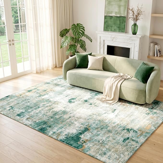 Washable Stain Resistant Area Rug, Robot Vacuum Compatible, 0.3" Low Pile, Non-Slip Cotton-Backed with Silicone Backing, Home Office Under Desk Dining Room, 6'x9', Sage Green