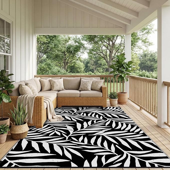 Smiry Outdoor Rug 6x9 ft, Waterproof Reversible Plastic Straw Rugs, Outdoor Area Rug with Leaf Pattern, Outside Floor Mat for Patio, Backyard, Deck, Picnic, Beach, Camping, Black & White