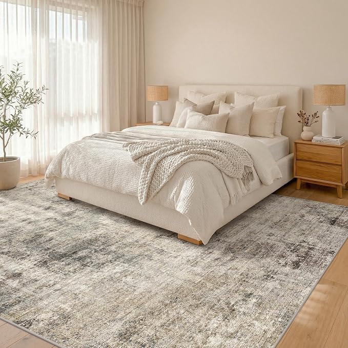 6x9 Brown Vintage Rug for Dining Room Under Kitchen Table, Modern Abstract Taupe Earthy Living Room Rug, Washable Non Slip Foldable High Traffic Area Carpet