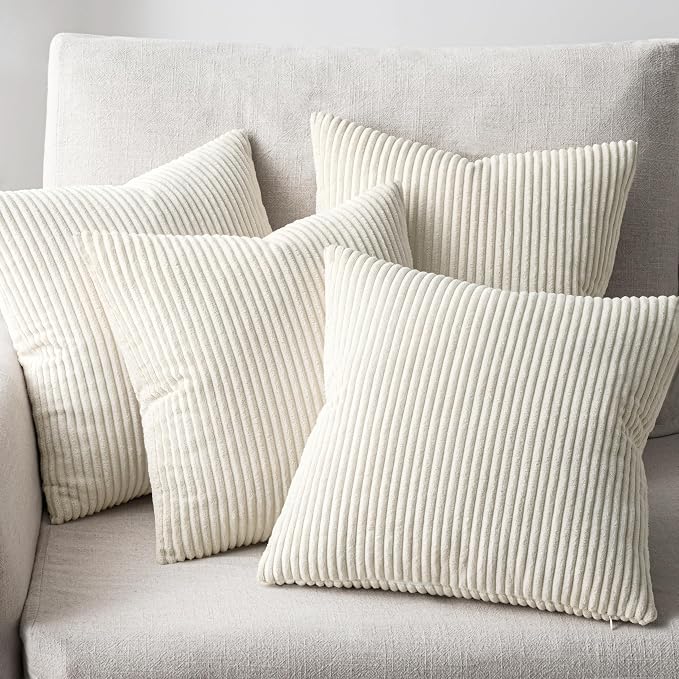 EMEMA Beige Decorative Throw Pillow Covers 16x16 Inch Set of 4 Boho Farmhouse Corduroy Striped Square Pillow Case,Western Modern Cushion Covers for Couch Bed Livingroom Home Decor