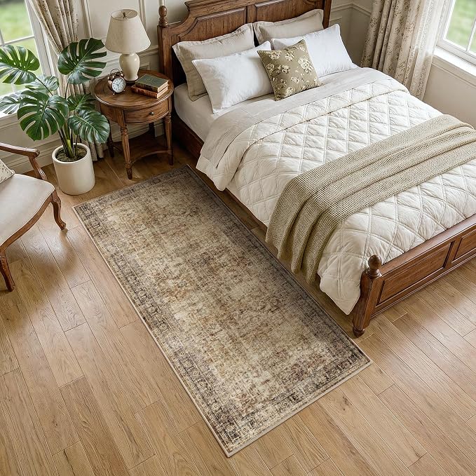 FMFUNCTEX 2x6 Hallway Runner Rug Brown Neutral Vintage Washable Distressed Non Slip Low Pile Oriental Indoor Carpet Soft Retro Entryway Rug for Kitchen Laundry Entrance Entry Living Room Bedroom
