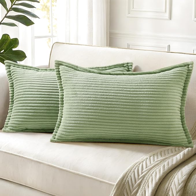 decorUhome Fall Corduroy Sage Green Throw Pillow Covers 12x20 Set of 2 | Lumbar Couch Decorative Soft Modern Boho Farmhouse Pillow Covers Broadside Striped Pillow Cases for Living Room Bed Sofa