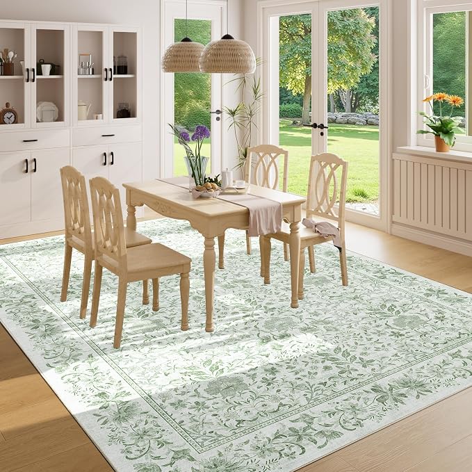 DUKINO 6x9 Area Rug Vintage Floral Washable Rugs for Living Room Sage Green | Non Slip, Low Pile, Non-Shedding, Soft Indoor Large Carpet for Bedroom, Office, Dining Room, Farmhouse, Nursery, Home Decor