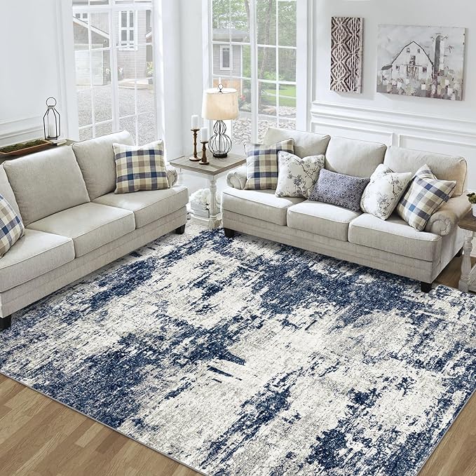 10x14 Area Rugs Living Room Rugs: Large Washable Rug with Anti-Slip Backing Non-Shedding Stain-Resistant Soft Abstract Carpet for Bedroom Dining Room Nursery Home Office-Blue/Gray
