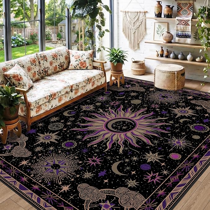 Vacuum-Friendly, 6x9 Washable Area Rug, Black Purple Beige | Sun and Moon Boho Gothic Non-Slip Low Pile Living Roon Bedroom Dining Room Kitchen Entry Entryway Entrance Hallway Doormat