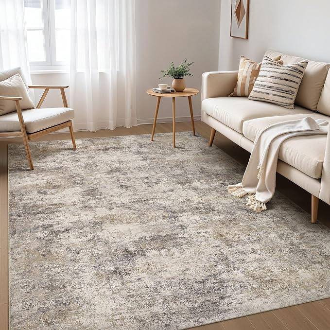 Nakagishi 7x9 Area Rugs Living Room: Washable Abstract Large Neutral Soft Rug Stain Resistant Modern Indoor Floor Non-Slip Carpet for Bedroom Nursery Kids Playroom Office Dining Room Dorm- Brown Grey