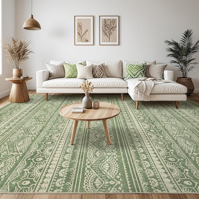 Tortania Area Rug Living Room Rugs - 8x10 Washable Large Soft Neutral Boho Moroccan Bohemian Farmhouse Rug Indoor Floor Carpet for Bedroom Under Dining Table Home Office Decor - Green
