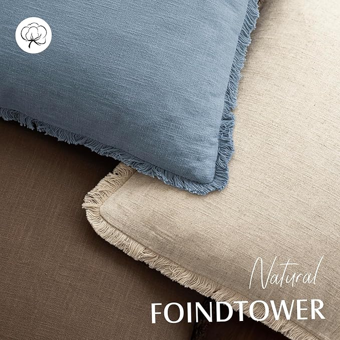 Foindtower Set of 2 Decorative Linen Fringe Throw Pillow Covers Cozy Boho Farmhouse Cushion Cover with Tassels Soft Accent Pillowcase for Couch Sofa Bed Living Room Home Decor, 18×18 Inch, Misty Blue