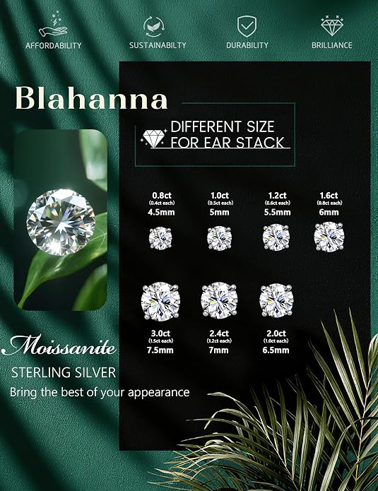 Moissanite Stud Earrings 18K White Gold Plated Brilliant Round Cut Solid 925 Sterling Silver Hypoallergenic Dainty Moissanite Jewelry for Sensitive Ear D Color VVS1 Clarity for Women Men 0.8CT-3CT