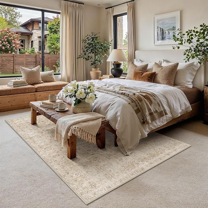 HUGEAR 6x9 Machine Washable Rug Beige Area Rug Room Decor Distressed Vintage Living Room Carpet Non Slip Low Pile Throw Rugs for Bedroom Dining Room Office Soft Lightweight