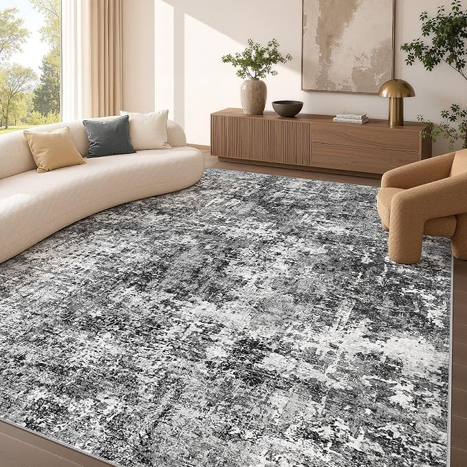 cotiled Washable Area Rug 8x10, Non-Slip Soft Neutral Rug for Living Room | Modern Abstract Carpet, Stain Resistant and Kid & Pet Friendly, Ideal For Bedroom, Dining Room, Nursery, Office - Blue/Gery