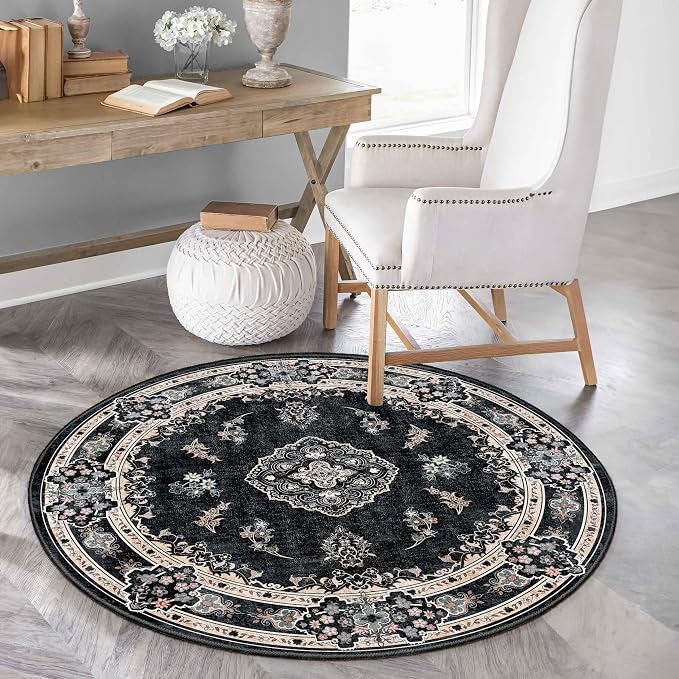 MUJOO Black Round Rug 4ft Small Circle Washable Area Rug Non Slip Floral | Circular Rugs for Bedroom Living Room Entryway Bathroom Bedroom Boho Throw Carpet Soft Low Pile Indoor Vintage Flowers
