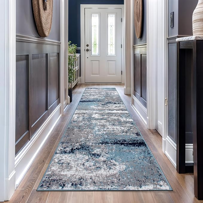 Rugshop Watercolor Distressed Modern Bohemian Runner Rug Blue 2'7" x 12'