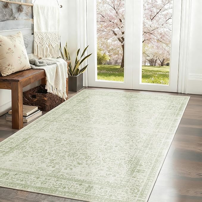 Sage Green Boho Front Door Mat for Indoor Entrance Washable Non Slip Cute Vintage Floral Aesthetic Area Rugs for Entryway Entry 4x6