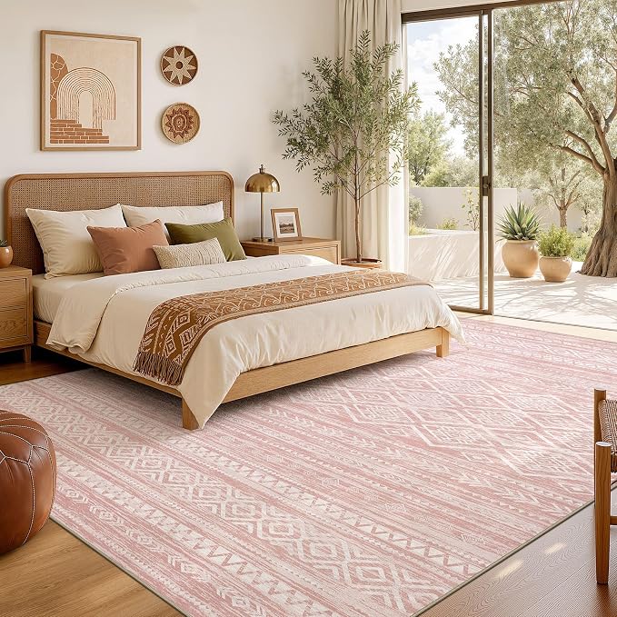 Nakagishi Area Rug Living Room Rugs: 6x9 Large Soft Machine Washable Boho Moroccan FarmNeutral Stain Resistant Indoor Floor Carpet for Bedroom Under Dining Table Home Office Decor-Pink
