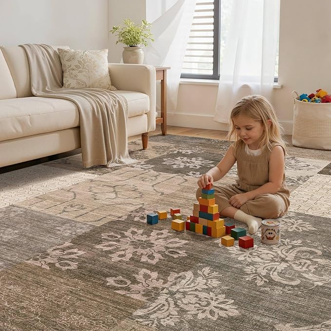 UERMEI 5x7 Area Rug for Living Room, Washable Brown Modern Geometric Patchwork Non Slip Stain Resistant Low Pile Foldable Carpet for Bedroom Dining Farmhouse Home Office