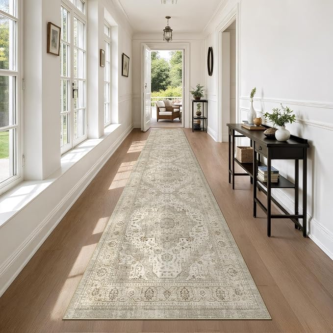 Roxstand 2.6x12 Hallway Runner Rug, Washable Non Slip Rugs, Ivory/Beige | Low Pile Rug with Stain Resistant Surface, Vintage Long Runner Rugs for Entryway, Living Room, Bedroom, Kitchen, Laundry
