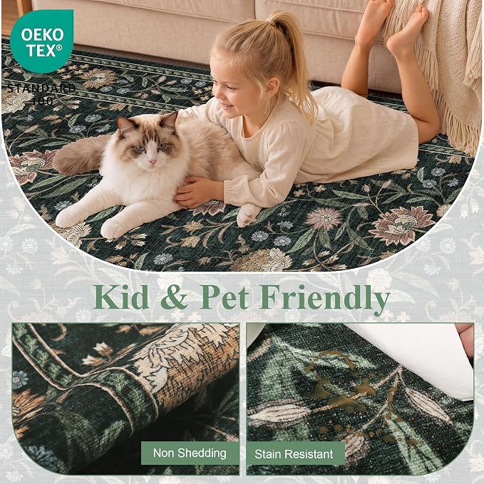 DUKINO 4x6 Area Rug, Washable Vintage Floral Rug for Living Room Dark Green | Non Slip, Low Pile, Stain Resistant Boho Lightweight Soft Indoor Carpet for Bedroom Office Dining Room Entryway Farmhouse