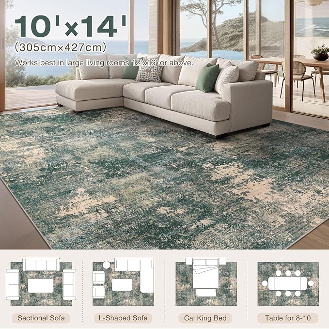 Abstract 10x14 Area Rug: Machine Washable Non Slip Ultra Thin Low-Pile Carpet, Soft Stain Resistant for Living Dining Room Bedroom, Kid Pet Friendly, Robot Vacuum Compatible - Dark Green/Beige