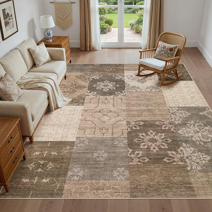 UERMEI 9x12 Area Rug for Living Room, Washable Brown Modern Geometric Patchwork Non Slip Stain Resistant Low Pile Foldable Carpet for Bedroom Dining Farmhouse Home Office