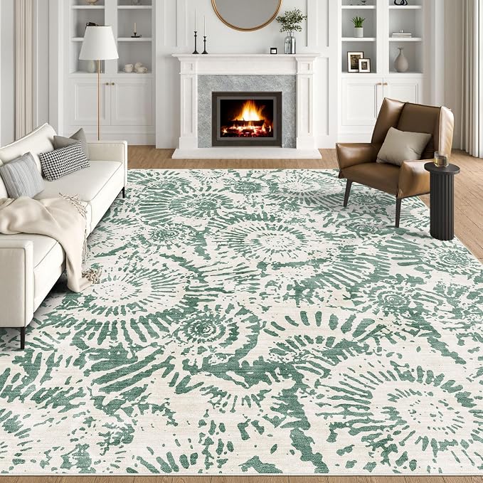 BLISSA Green White Living Room Rug - 8x10 Soft Washable Bedroom Area Rug Non-Slip Low-Pile Modern Contemporary Abstract Rugs for Living Room Bedroom Dining Room Under Table Nursery Foyer Large Carpet