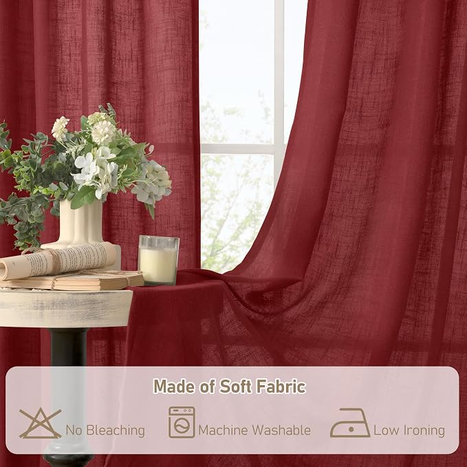 LAMIT 95 Inches Long Linen Curtains for Living Room, Back Tab and Rod Pocket Semi Sheer Panels Light Filtering Christmas Drapes for Bedroom/Dining Room, Burgundy Red, Set of 2, 52 x 95 Inch