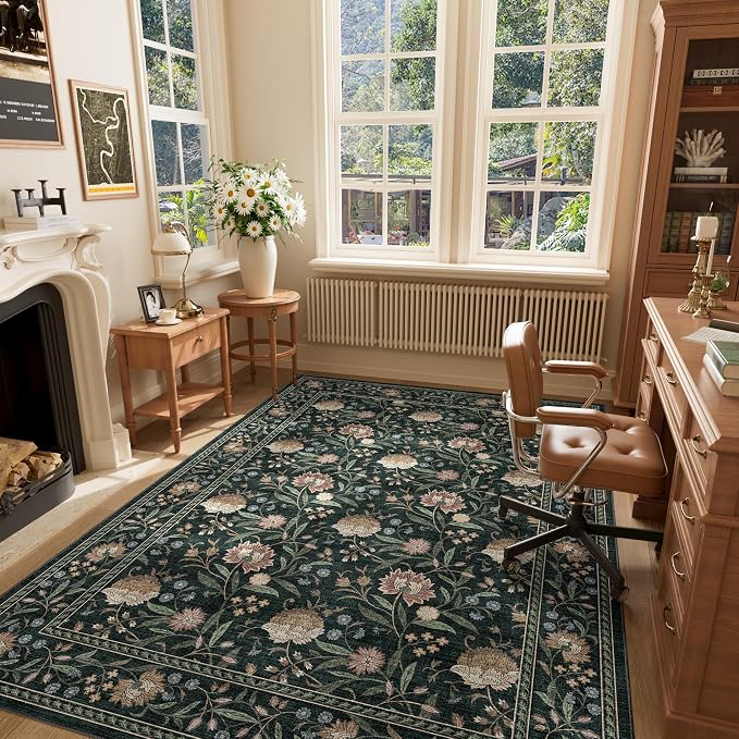 DUKINO 5x7 Area Rug, Vintage Floral Washable Rug for Living Room Dark Green | Non Slip, Low Pile, Non-Shedding, Stain Resistant Lightweight Boho Soft Carpet for Bedroom Home Office Dining Room Farmhouse
