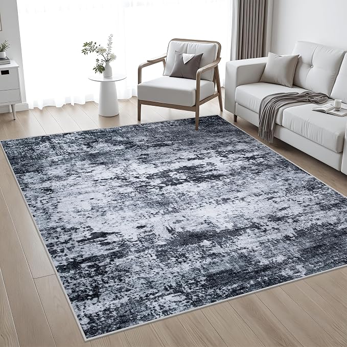 5x5 Area Rug Living Room Rug: Washable Modern Abstract Soft Thin Rug Indoor Floor No Slip Stain Resistant Carpet for Bedroom Dining Room Farmhouse Nursery Home Office - Black