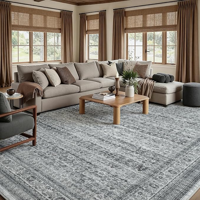 9x12 Washable Area Rugs for Living Room Bedroom, Non-Slip Large Rugs | Vintage Distressed Retro; Low Pile; Stain Resistant; Neutral Boho Carpet for Dining Room, Nursery, Home Office; Foggy Grey