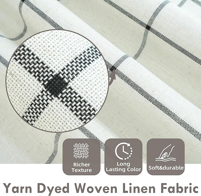 DriftAway 100% Blackout Windowpane Plaid Linen Curtains 45 Inches Black | Double Layer Farmhouse Drapes for Living Room Bedroom Yarn Dyed Woven Thermal Insulated Rod Pocket Back Tab 2 Panels