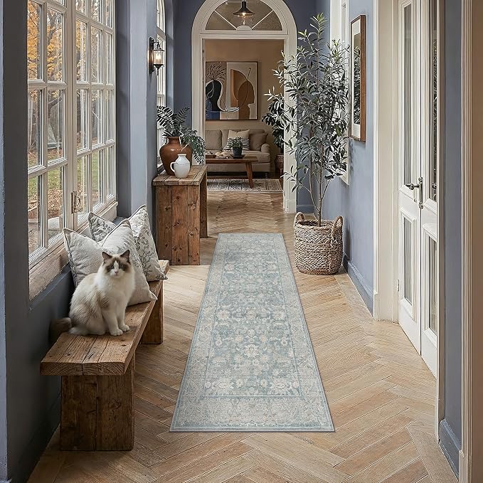 2x6 Blue Washable Runner Rug Non Slip Retro Distressed Carpet | Soft Low Pile, Lightweight Foldable, Pet Friendly, Hallway, Kitchen, Bathroom, Front Door, Beside Bed