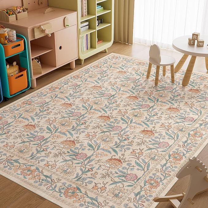 DUKINO 8x10 Area Rug, Vintage Floral Washable Rugs for Living Room, Beige | Non Slip, Low Pile, Non-Shedding, Stain Resistant Boho Soft Indoor Large Carpet for Bedroom Dining Room Farmhouse, Home Decor