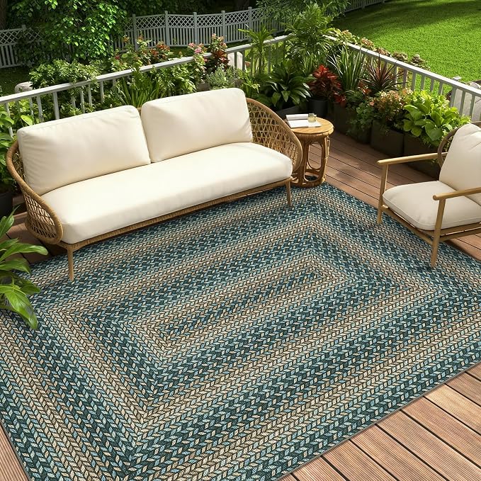 GarveeHome 8x10 Washable Living Room Area Rug Non Slip Braided Rugs | Low Pile Stain Resistant Dining Room Throw Carpet Indoor Outdoor Modern Bordered Area Rugs for Home Decor, Slates