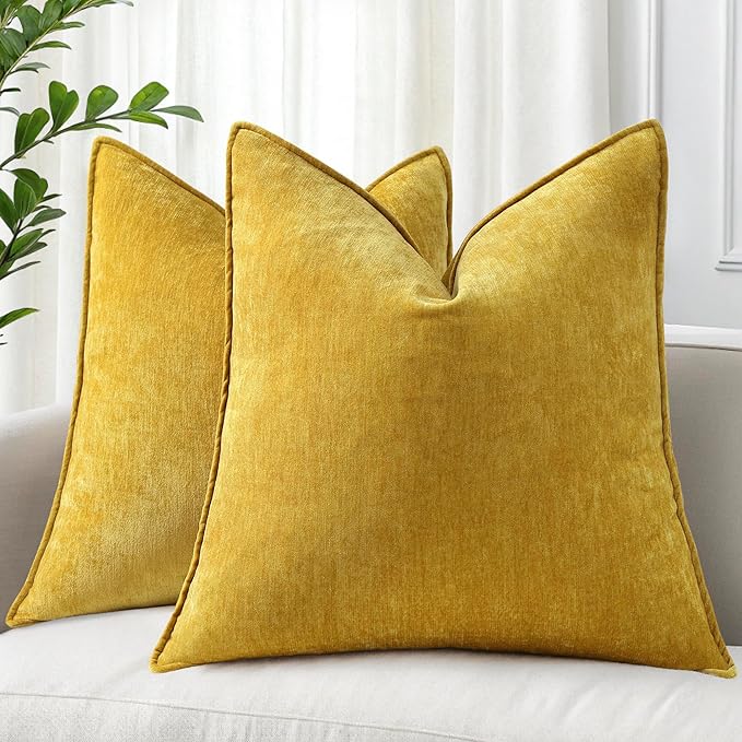 decorUhome Chenille Mineral Yellow Throw Pillow Covers 24x24 Set of 2 | Fall Soft Euro Sham Couch Decorative Modern Velvet Pillow Cases with Elegant Design for Sofa Bed Living Room Home Decor