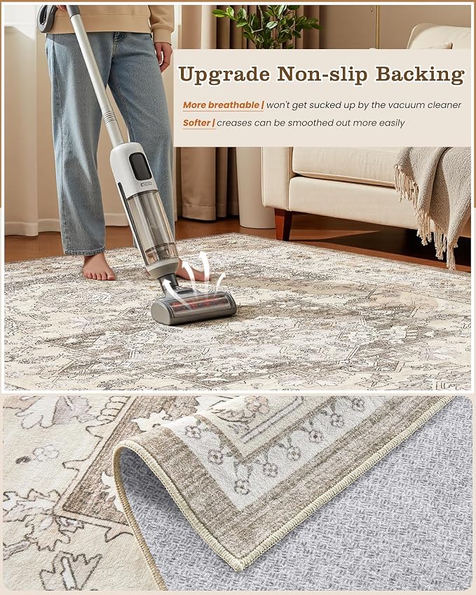 5x7 Vintage Area Rug: Washable Neutral Soft Non Slip Thin Large Floor Carpet for Living Room Bedroom Kitchen Dining Room Home Office Farmhouse Indoor - Brown