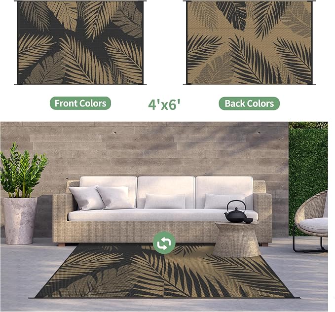 GENIMO Outdoor Rug, Waterproof Plastic Rugs for Patio, 4'x6' Black Brown | Outside Larger Leaf Carpet Mat for Porch Decor, Deck, Balcony, Camping, RV, Backyard, Picnic, Beach, Reversible, Foldable