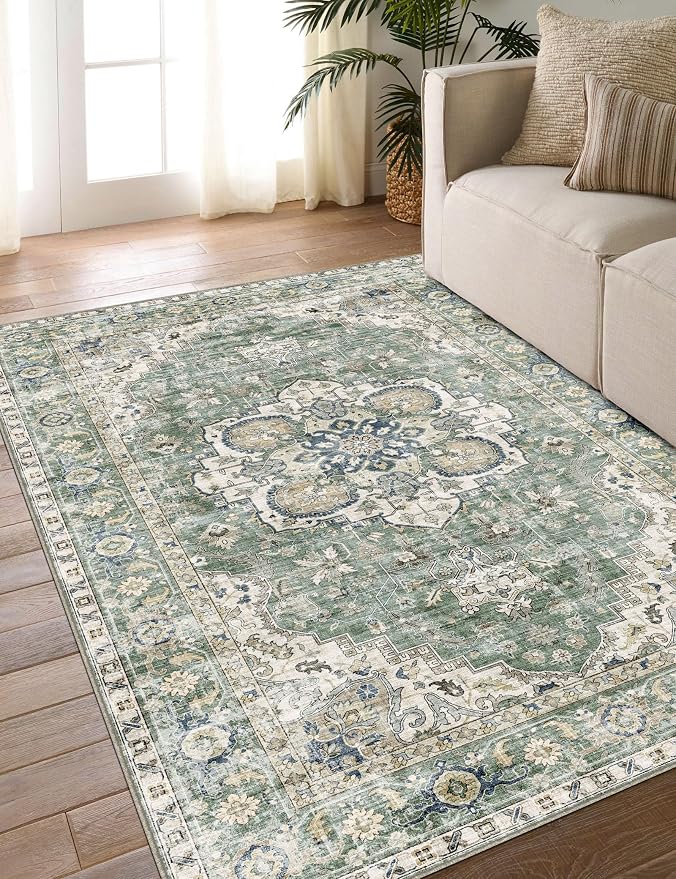 LUXRUG Washable Area Rug 4x6 - Boho Living Room Rug Non Slip Soft Bedroom Rug Ultra-Thin Sage Green Vintage Medallion Oriental Dining Room Rugs for Under Table Indoor Carpet for Living Room Kitchen