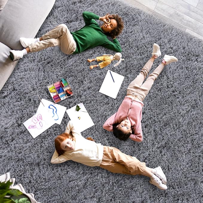 Dssimo Super Fluffy 10x14 Rugs for Living Room, Modern Shag Grey Area Rugs, Soft and Cozy Plush Large Under Bed Carpet for Kids, Girls Boys and Teens Decorations for Bedroom Dorm Nursery Classroom